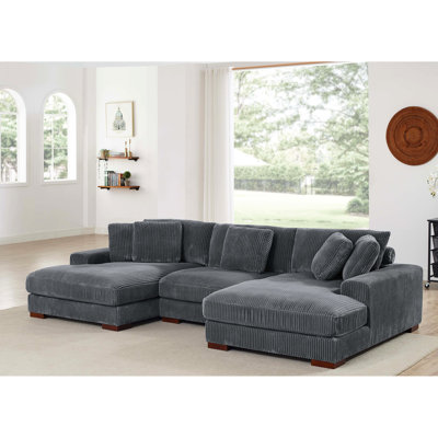 Grand canapé modulaire double rembourré en velours côtelé à large assise avec coussins décoratifs et soutien lombaire réglable pour un confort ultime