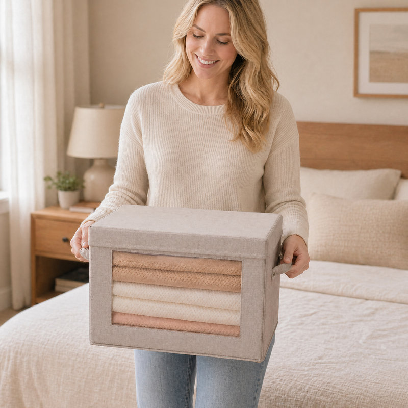 Ensemble de 4 bacs de rangement pliables en tissu avec couvercles en tissu avoine et placards cubes 38 x 25 x 25 cm