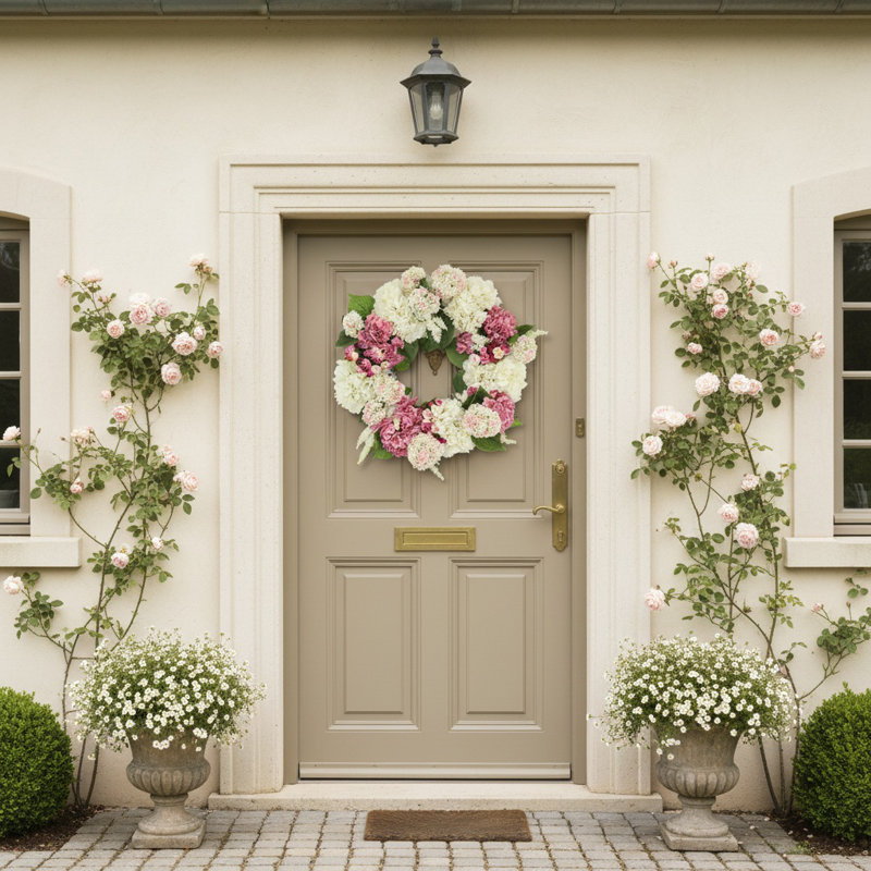24" Hydrangea Wreath with Ranunculus and Viburnum