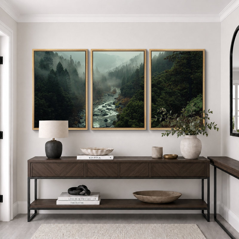 "Misty Forest Landscape", "Hazy Moody Dark Green River Nature", Tranquil Panoramic Modern Rustic Woodland Wall Art
