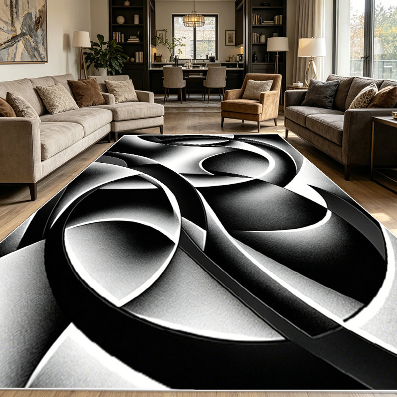1PC Black and White Abstract Geometric Swirl area rugs for Living Room, Soft and Comfortable, Suitable for all seasons, easy-to-maintain, machine washable Indoor floor mat, Under Table Farmhouse suitable for dining room, bedroom, entryway, kitchen,