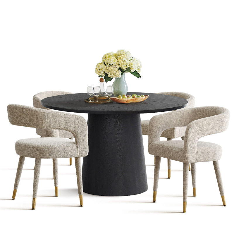 5-Piece Modern Dining Set with Round Pedestal Table and Upholstered Open-Back Chairs, Khaki