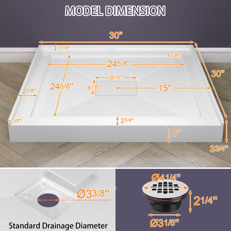 Base de douche en acrylique l 30 po x P 30 po avec seuil simple pour installation en alcôve avec couvercle de drain rectangulaire