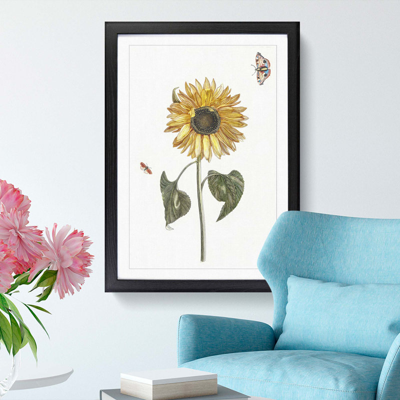 Sunflower with Butterflies by Johan Teyler - Picture Frame Painting Print, 48cm H x 36cm W x 2cm D, Black Framed