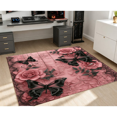 Tapis papillon rose rétro, motif floral romantique, tapis antidérapant doux et durable lavable à la machine, décoration intérieure élégante pour le salon, la chambre à coucher, l'entrée, la cuisine, le balcon, appartement