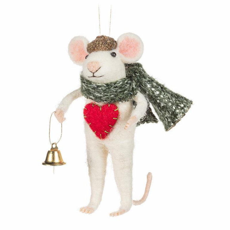 Ornement souris d'hiver avec cœur et cloche