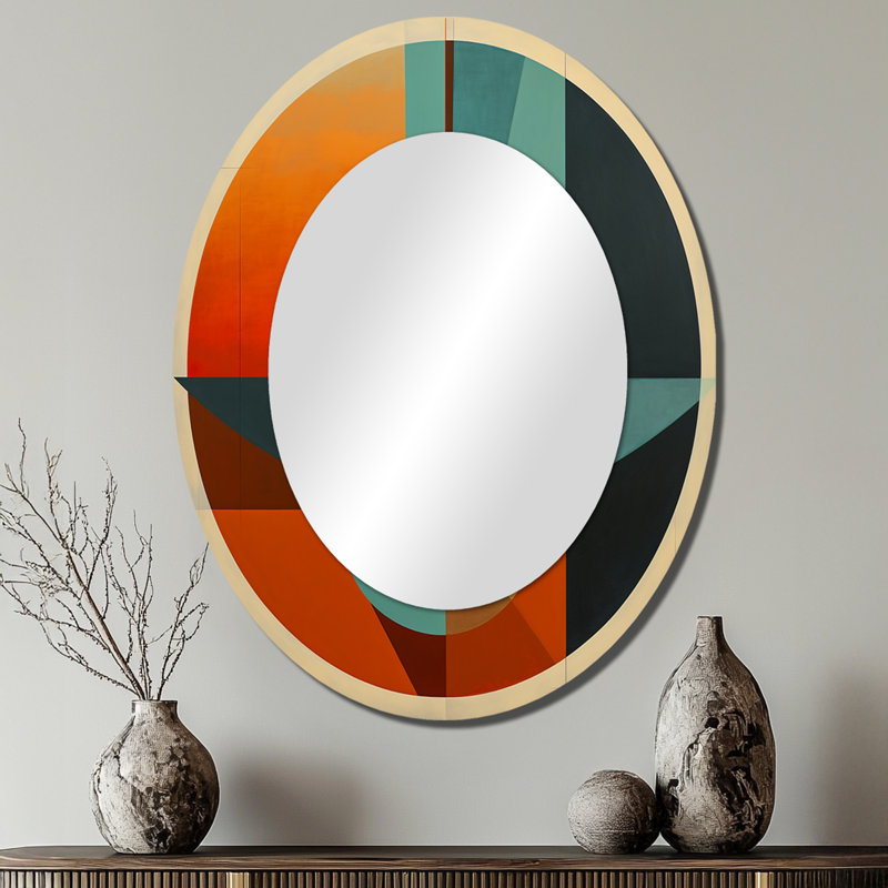 Odyssey Midcentury Retro Abstract Geometrics III - Beige Mid-Century Oval Wall Mirror, 40" x 30"