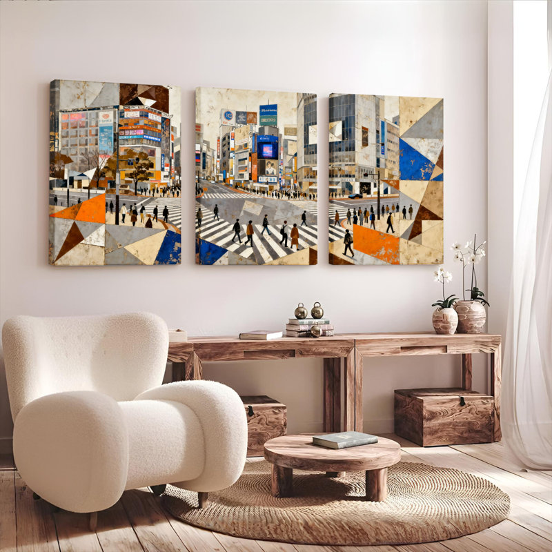 Tableau mural abstrait sur toile tendue, collage de paysage urbain (lot de 3), H 36 po x l 72 po