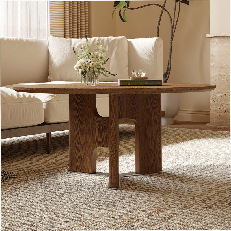 Table basse 31,5 pouces ronde en placage de bois de frêne rustique pour petit salon