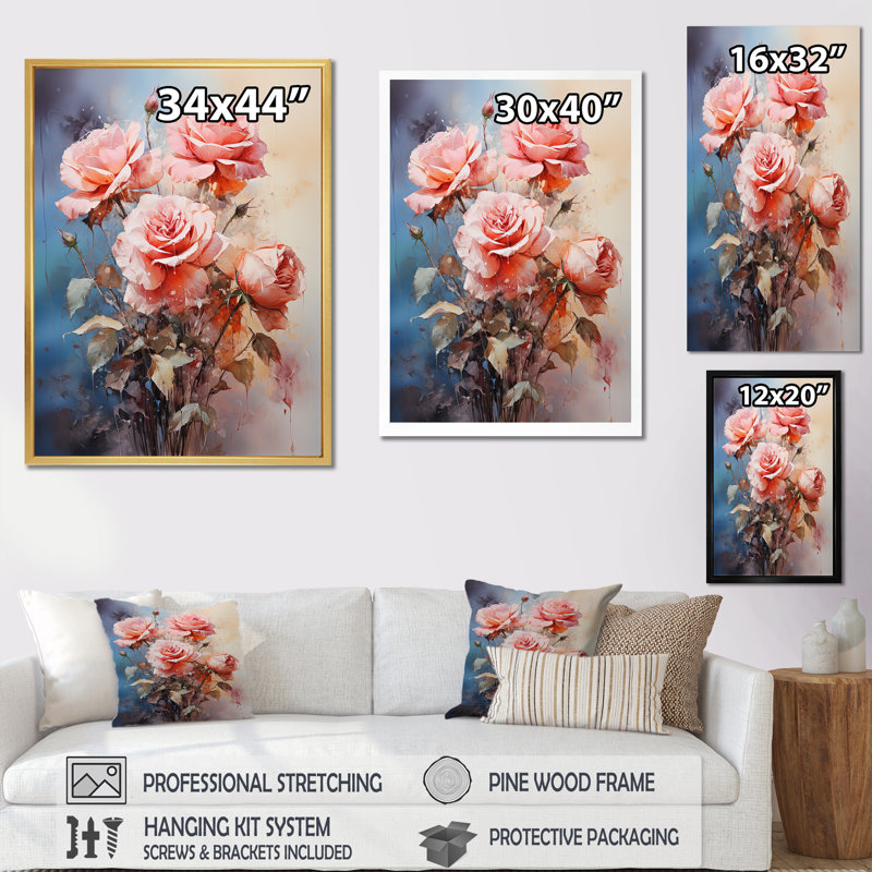 Harmonous Rose Bouquet sur toile, H 32 po x l 24 po x P 1 po, Cadre flottant blanc