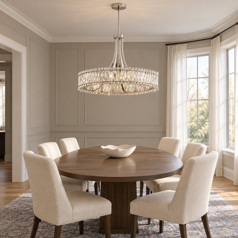 Lustre tambour en cristal à 12 lumières de 31,5 pouces en nickel poli pour salle à manger et salon, Polished Nickel, 12