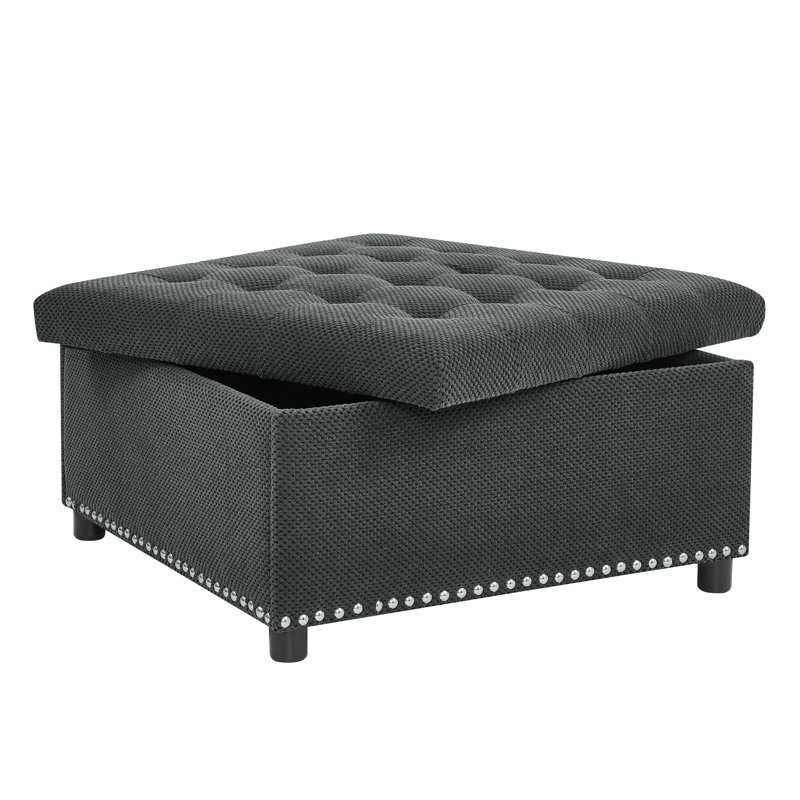 Storage Ottoman, Tufted Footstool, Nailhead Trim Ottoman, DARK GREY