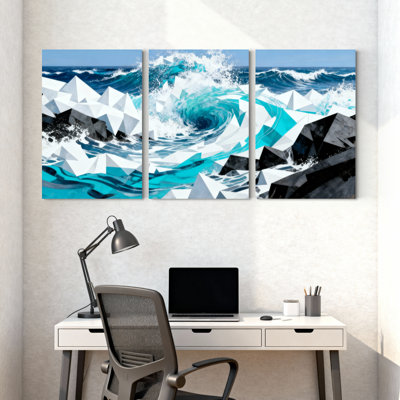 «Nautical & Beach Ocean Waves Crashing Against Geometric Icebergs», ensemble de 3 impressions d'art sur toile