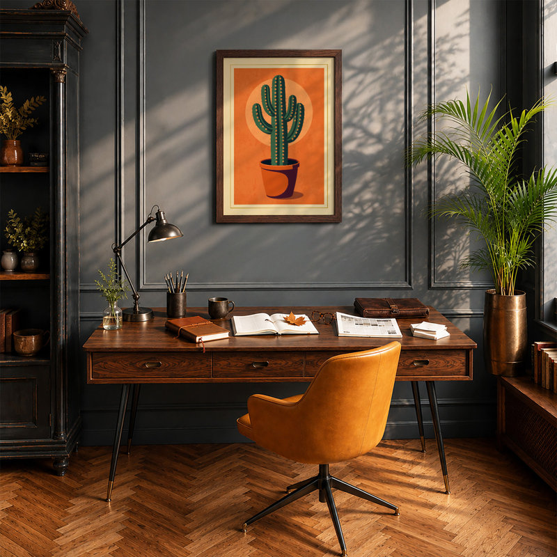 Saguaro in Terracotta Botanical - Framed Print, Walnut, A1 - 84.1 x 59.4 cm