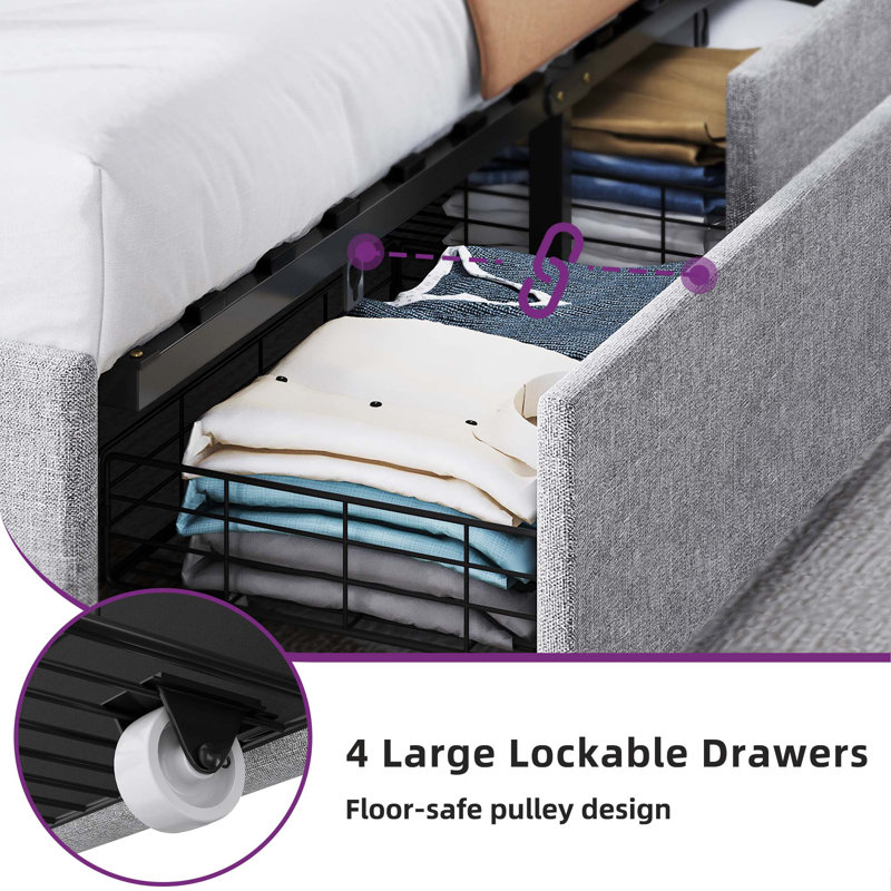 Baranowski Linen Upholstered Bed Frame with Storage Drawers, Wingback Platform Bed with Headboard, Full