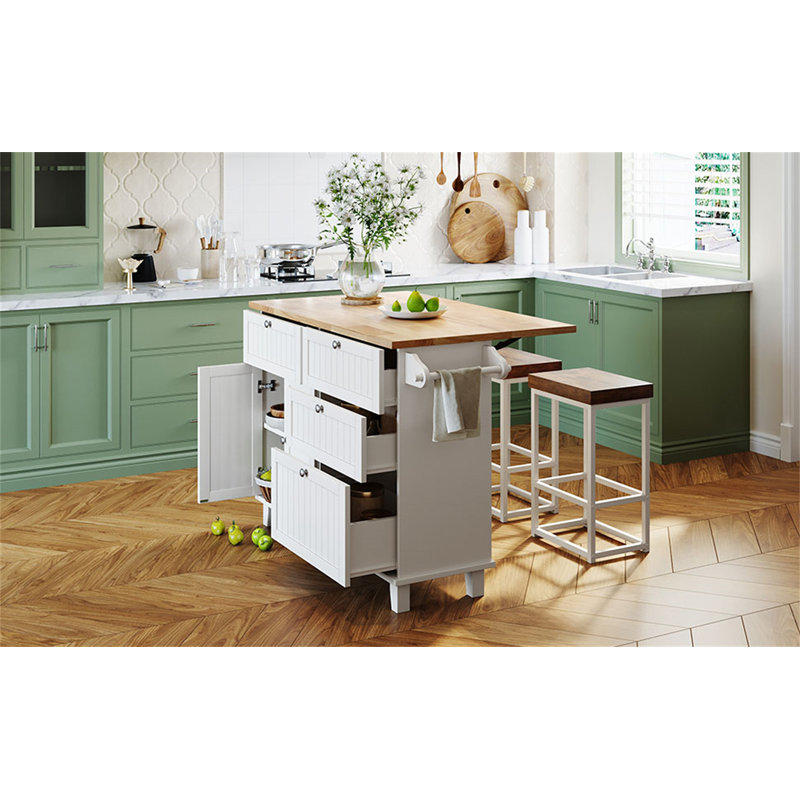 TOPMAX Farmhouse Kitchen Island Set With Drop Leaf And 2 Seatings, White