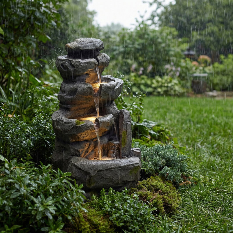 Rustic Brown Outdoor Fountain With LED Lights And Included Pump For Garden Patio Decor