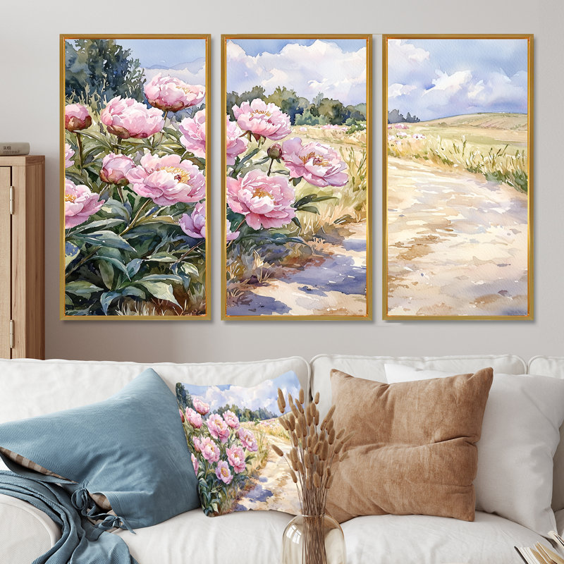 Pivoines le long de l'allée de la ferme I - Art mural pivoines - ensemble de 3, H 32 po x l 48 po, Doré