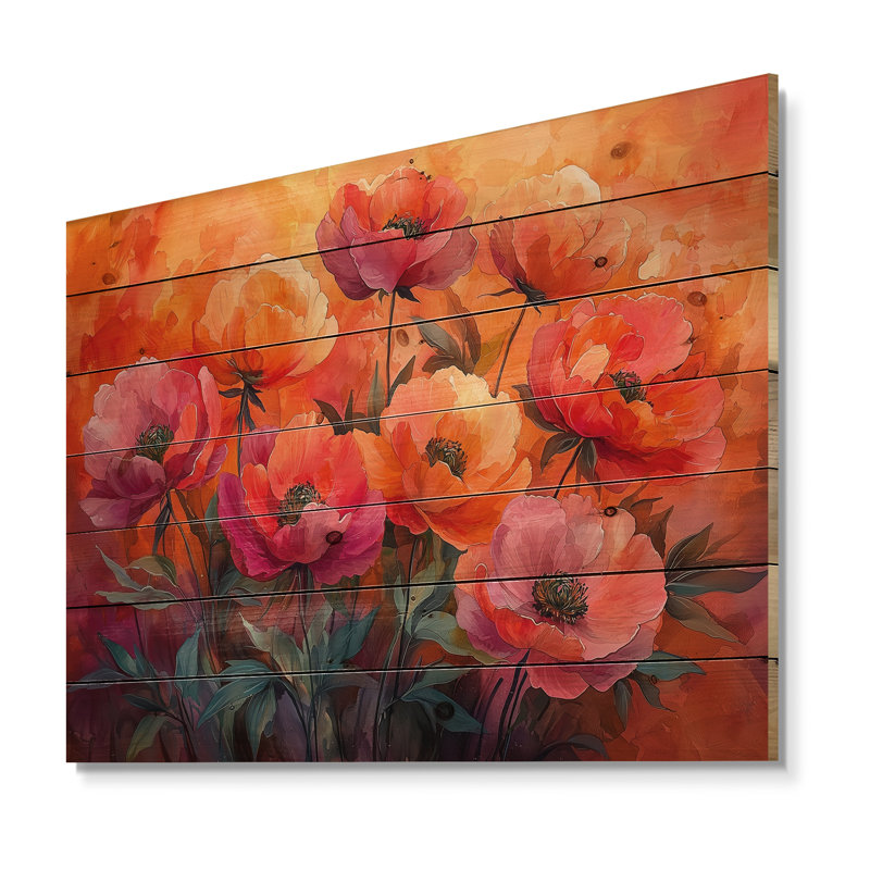 Radiance au coucher du soleil, pivoines, fleurs II - art mural en bois pivoines - sur bois de pin naturel