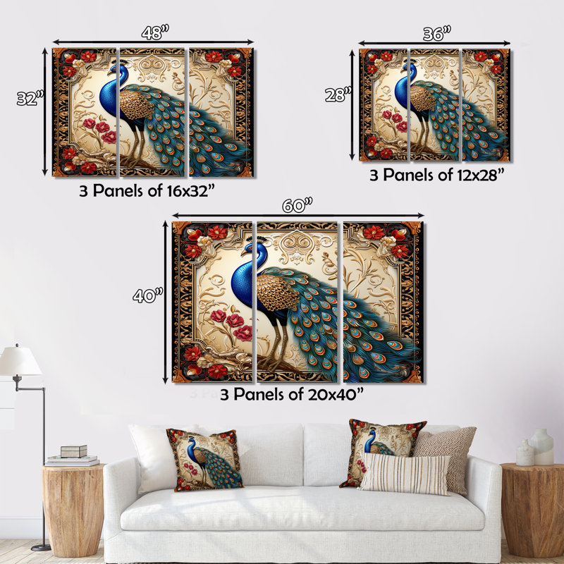 «Retro Illustration Of Glorious Blue Peacock on Canvas», reproduction de 3 pièces, H 28 po x l 36 po x P 1 po