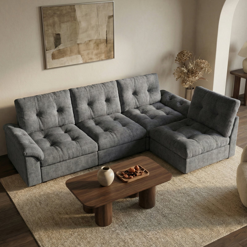 103.5" Modular Sectional Cloud Sofa With Deep Seat Couch,lattice Decored Design, Light Gray Chenille