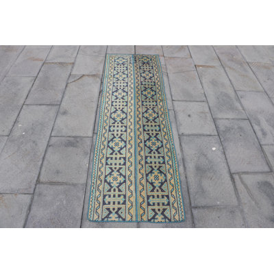 Vintage Wool Oushak Rug - Green Turkish Anatolian Patchwork Runner for Kitchen Decor
