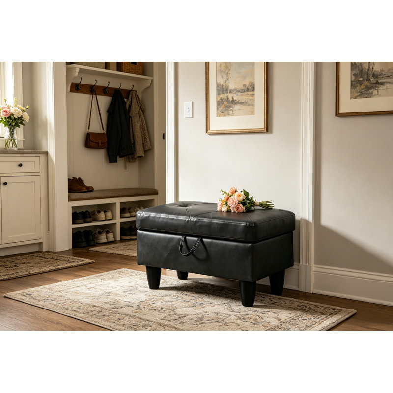  Rectangular Storage Ottoman, Faux Leather Footrest Bench with Hinged Hydraulic Soft Close Lid, 28.5"W x 19"D x 17.5"H Multi-Purpose Ottoman Coffee Table for Living Room Bedroom Entryway, Black