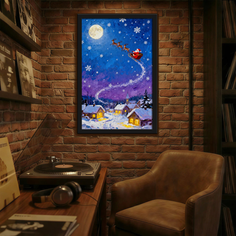 Père Noël de Noël survolant un village enneigé la nuit, H 30 po x l 20 po