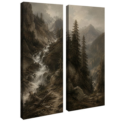 Décoration murale nature : Cascade de montagne sombre et forêt de conifères – Ensemble de 2 impressions sur toile 32 po x 12 po x 2 po
