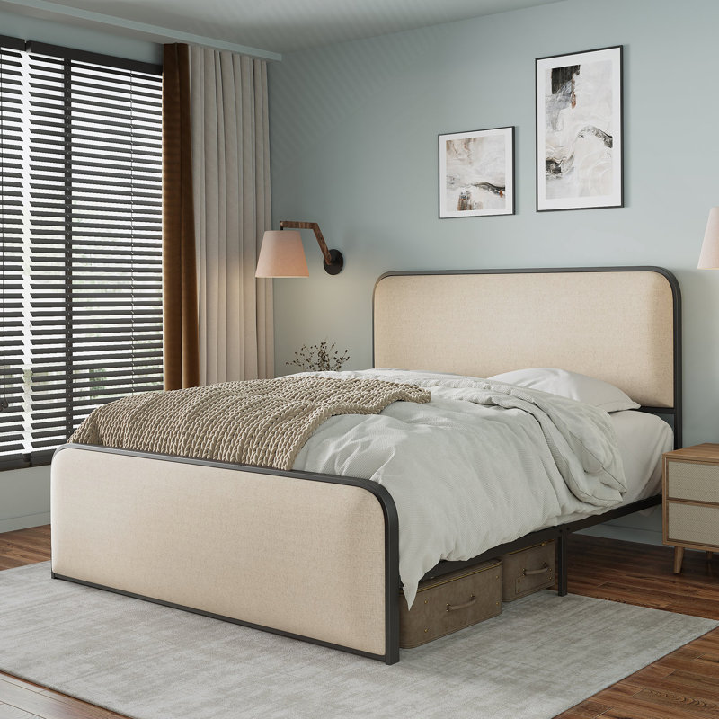 Structure de lit moderne en métal avec tête de lit et pied de lit rembourrés courbés avec rangement sous le lit, Grand lit