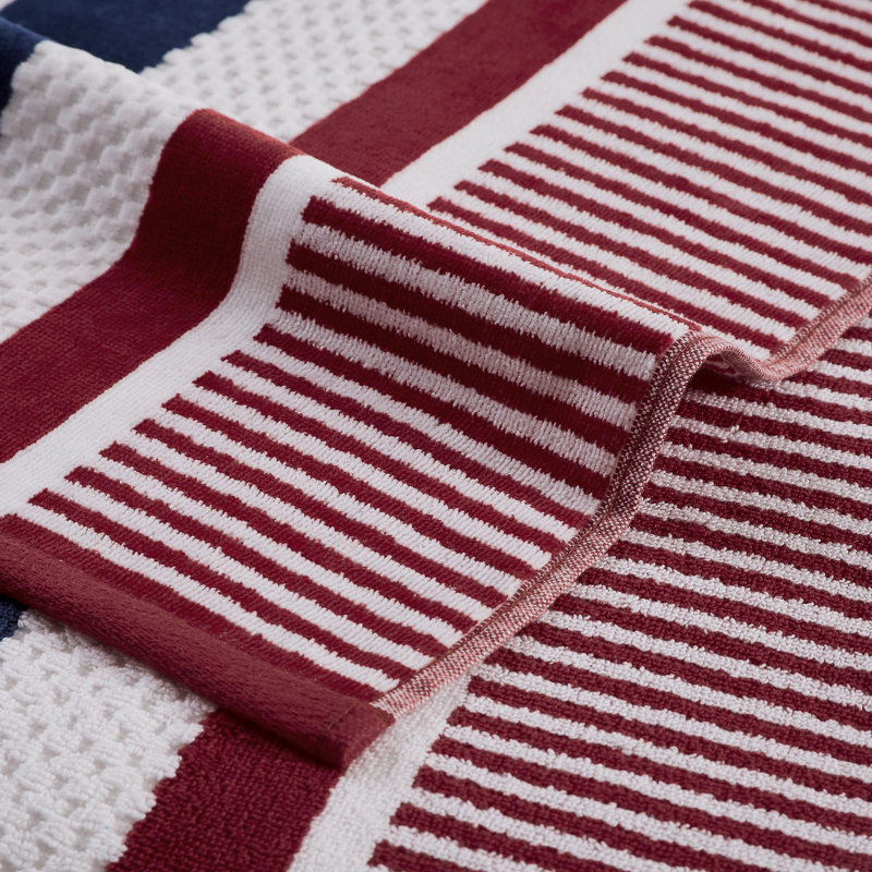 Serviette de plage 100% coton rayée Gilus, Rouge / Bleu
