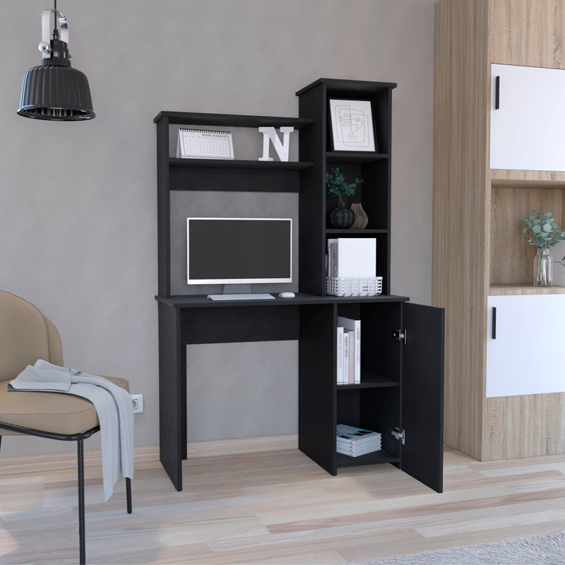Bureau d'ordinateur avec huche, armoire à une porte, grande surface de travail et tablettes de rangement à 3 niveaux, Noir