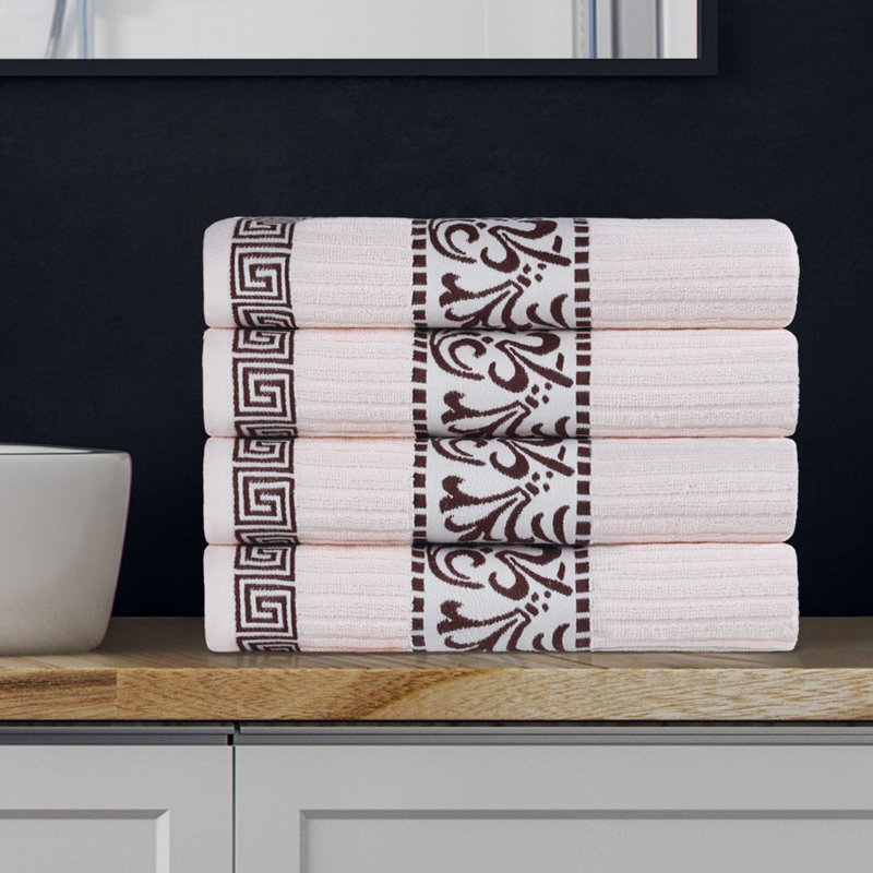 Mikira Athens Cotton Medium Weight Floral Border Greek Key Trim Bath Towel (Set of 4), Ivory/Chocolate