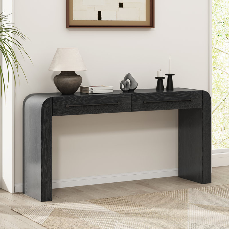 Riviera Modern Ash Veneer Console Table With 2 Drawers And Industrial Metal Handles, Black