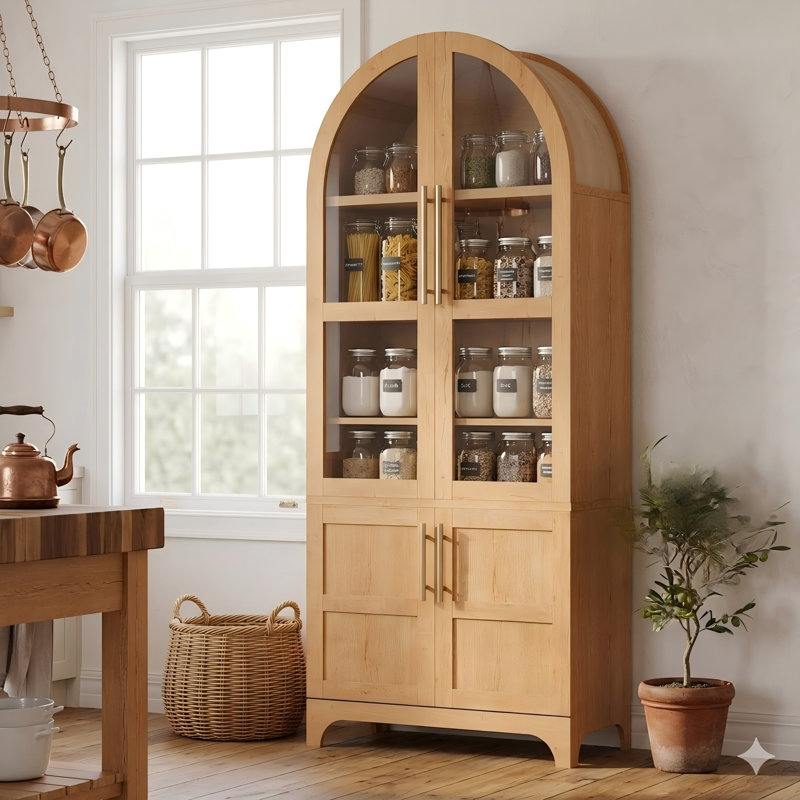 Grand garde-manger arqué 71 po avec porte vitrée et 4 tablettes, Natural