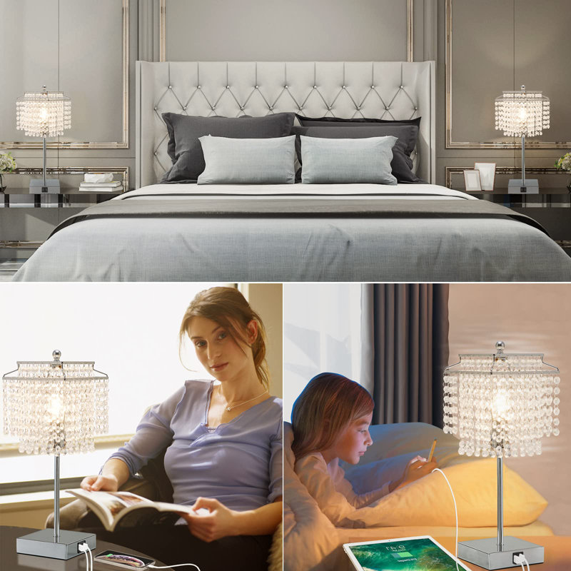 Silver Crystal Touch Control Table Lamp with USB Ports