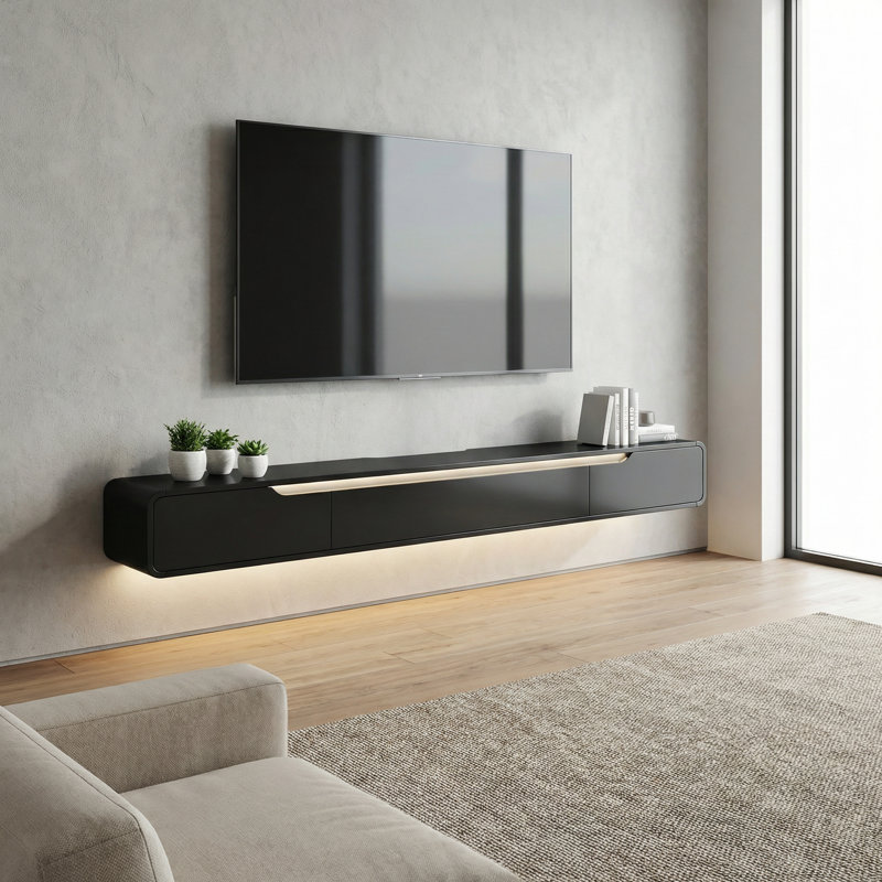 Meuble télé 94 po flottant noir ultrabrillant entièrement assemblé, 8.8"H x 91"L x 9.4"W, Noir