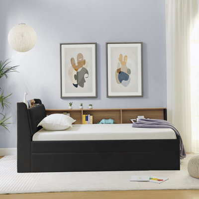 Height Adjustable Day Bed With Storage Headboard And Wireless Charging, Wooden Daybed With Trundle Bed And LED Lights