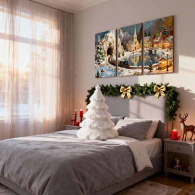 Christmas Winter Village Train Tunnel Church River Market Set of 3 Canvas Wall Art Prints