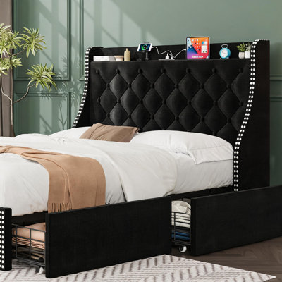 Structure de lit tapissier pleine grandeur - 4 tiroirs de rangement, tête de lit à oreilles capitonnée avec charge USB et de type C, lattes en bois robustes, aucun sommier requis, assemblage facile - noir, WR02F
