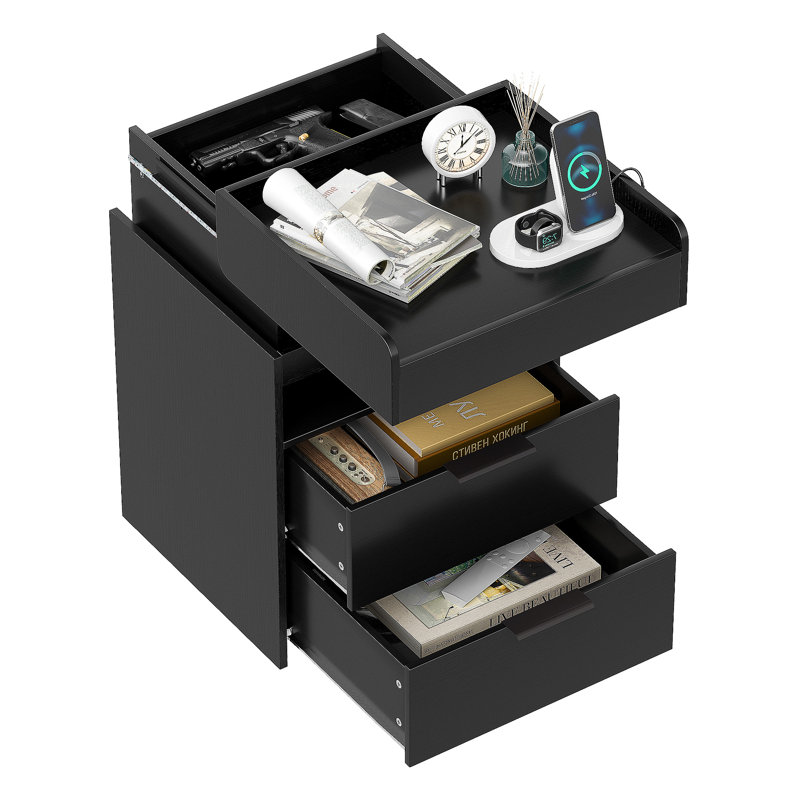 17.7"W Modern Style LED Nightstand With 2 Drawers,Black Night Stand With Charging Station Sliding Top, Bedside Table For Living Room