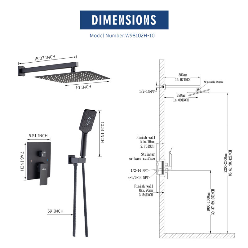 10 inch Wall Mounted Pressure Balanced Complete Shower System With 3 Setting Shower Handheld, Matte Black