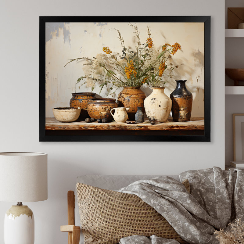 Art floral brun sur poterie rétro, Noir, H 34 po x l 44 po, Impression encadrée