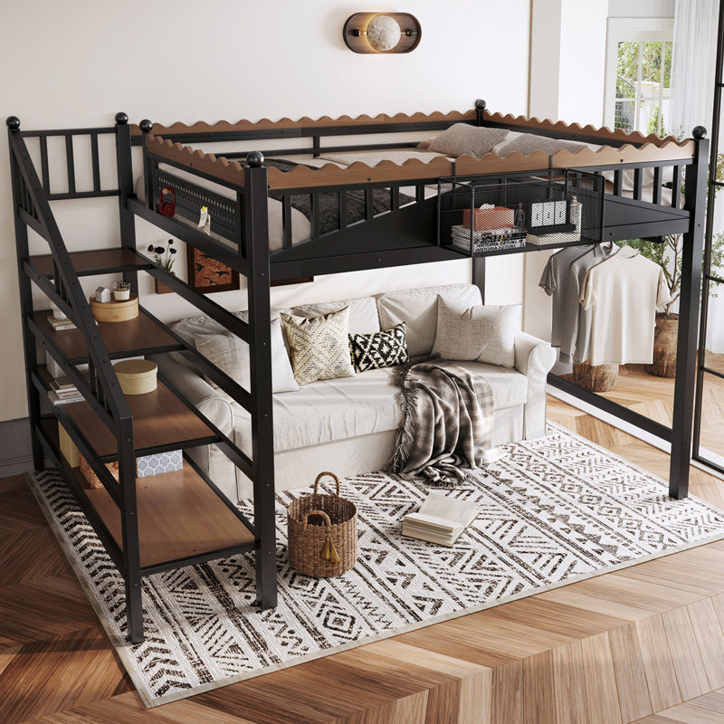 Queen Size Metal Loft Bed with Storage Stairs, Built-in Shelves & Bookshelf, Platform Loft Bed for Bedroom, Dorms & Guests, Black