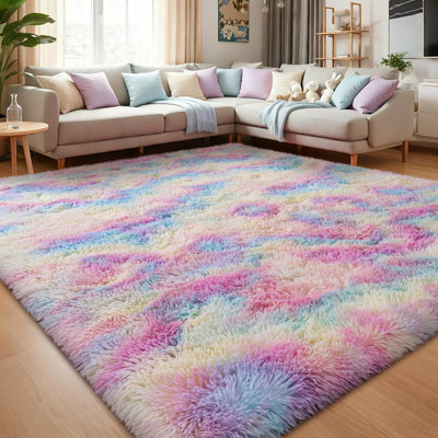 Tie-Dyed Rainbow Fluffy Rugs for Living Room, 9x12 ft Non-Slip Area Rugs Shag Carpet for Nursery Kids Play Room Dorm Office Indoor Modern Plush Carpets Girls