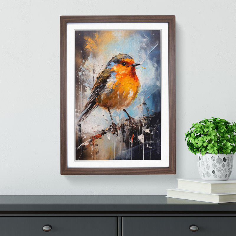 Robin Bird Action Painting - Single Picture Frame Print on Wood, 34cm H x 25cm W x 2cm D, Walnut