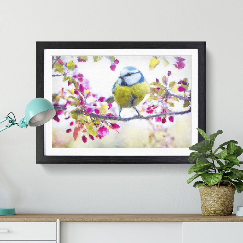 Blue Tit Bird In Spring Painting - Single Picture Frame Print on MDF, 33cm H x 45cm W x 2cm D, Black