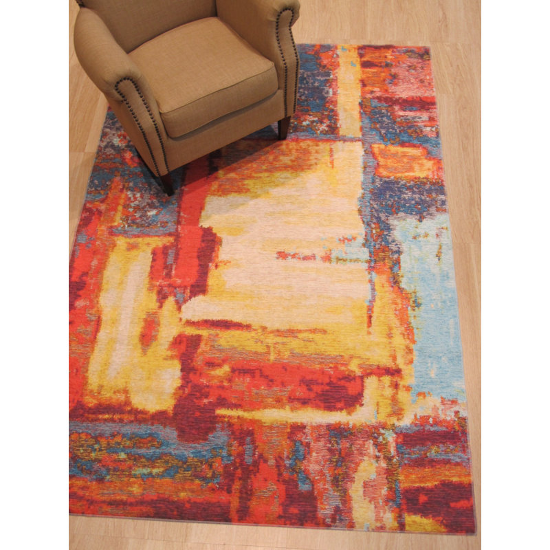Stylish and Durable Hand-knotted Sophisticated Abstract Wool Indoor Red Rectangle Area Rugs, Rectangle 4'4" x 6'3"