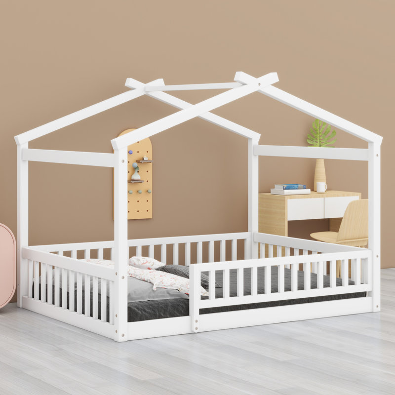 Structure de lit en bois avec clôture, Blanc