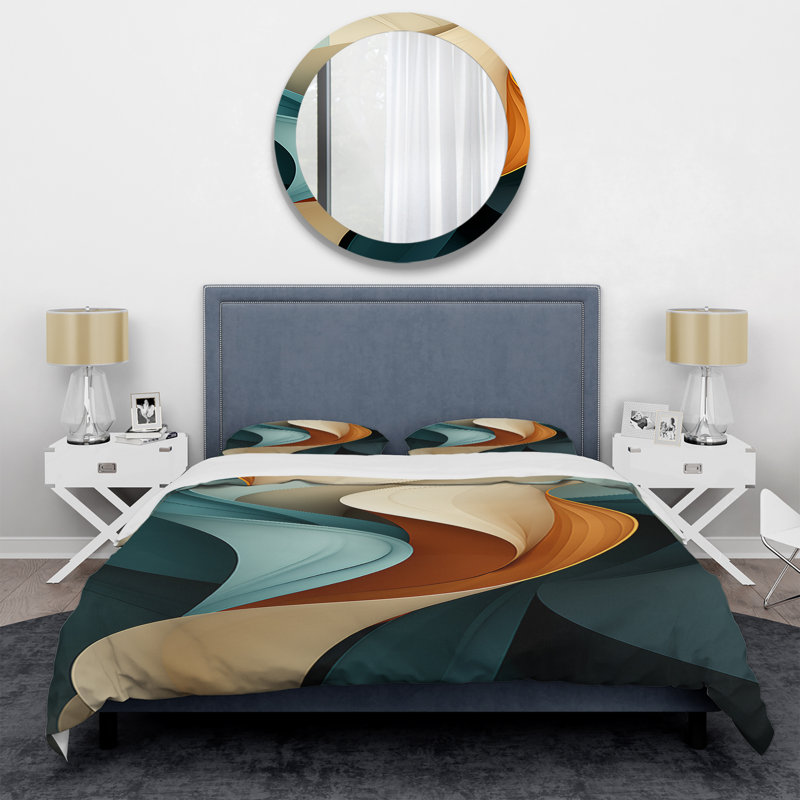 Teal Abstract Vintage Elegant Wave - Ensemble de housse de couette Abstract - Microfibre de polyester